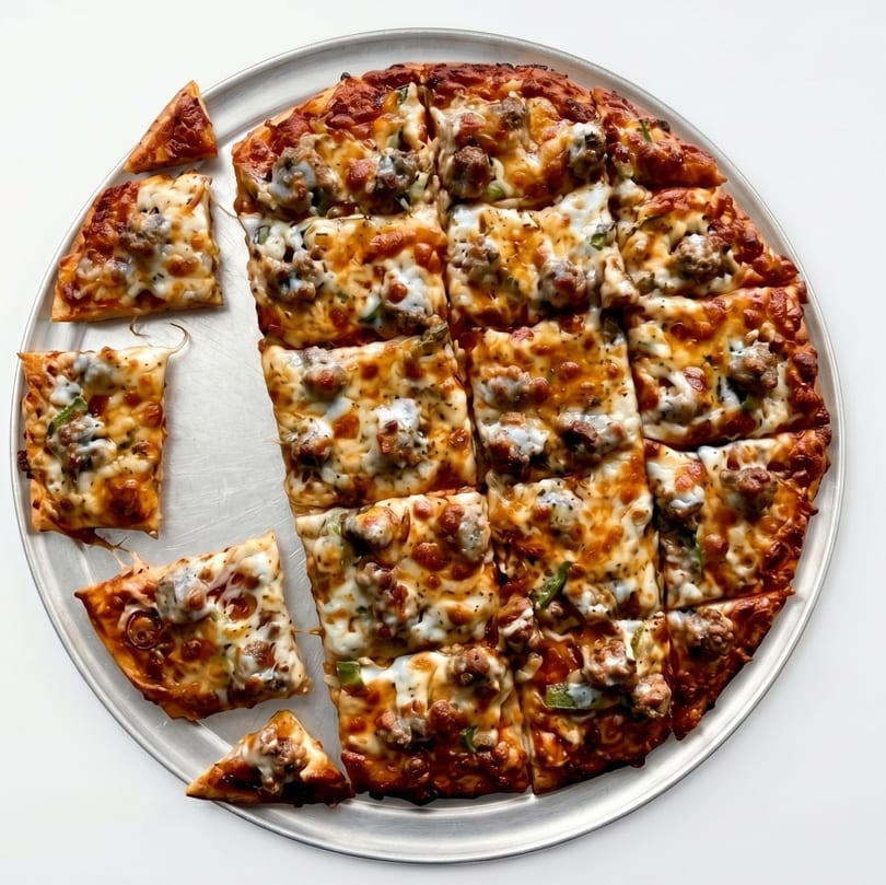 Square-cut sausage and green pepper pizza with melted cheese on a round metal tray.