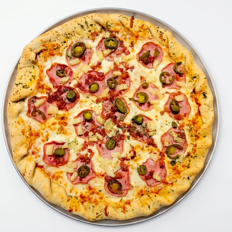 A whole pizza with ham, pineapple, bacon, and jalapeños on a metal pan.