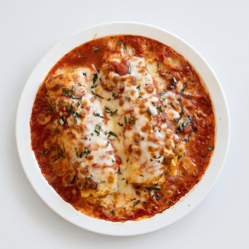 Baked pasta dish with melted cheese, rich red sauce, and fresh herbs in a white bowl.