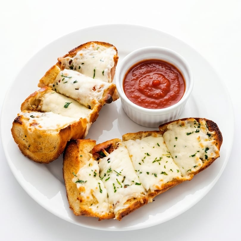 Cheesy garlic bread slices with melted mozzarella and parsley, served with a side of marinara sauce.