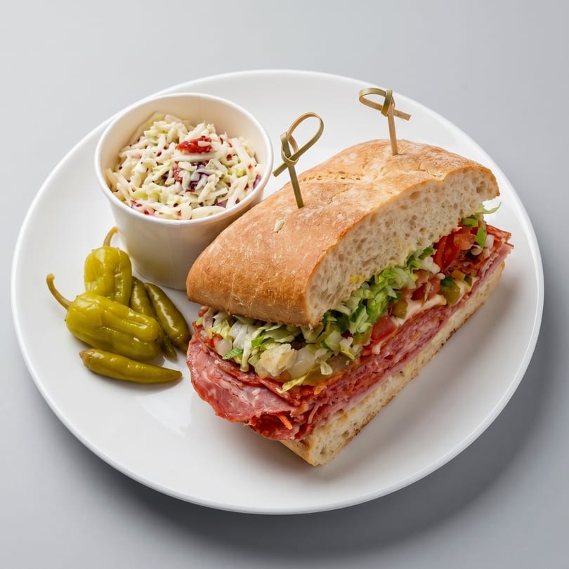A large Italian sub sandwich with coleslaw and pickled peppers on a white plate.