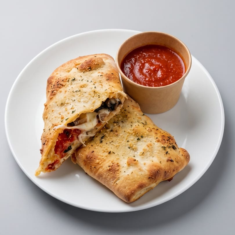 Two calzones, one cut open to show melted cheese and vegetables, with a side of marinara sauce.