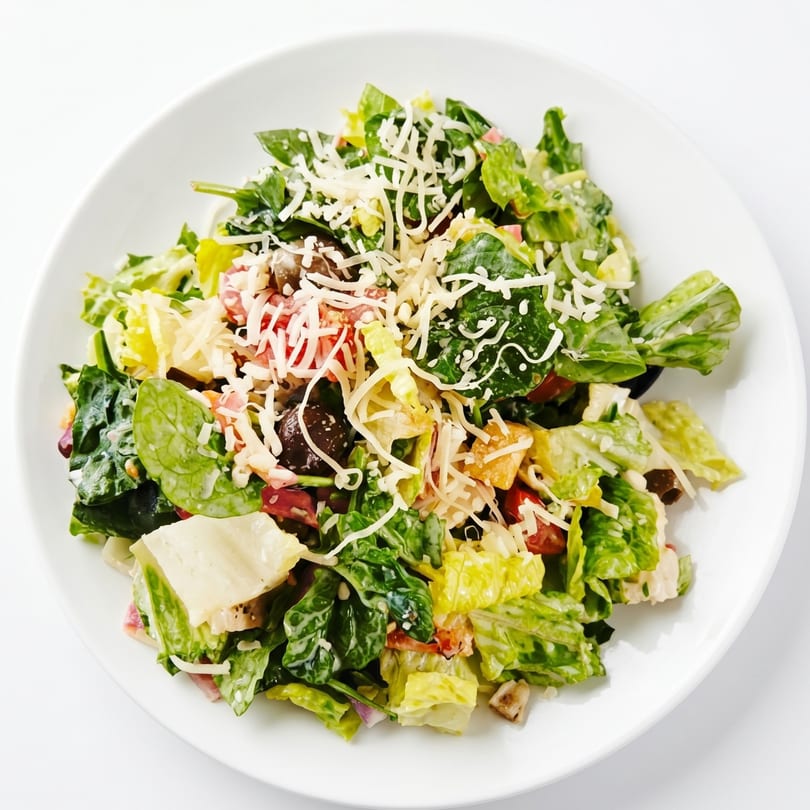 A vibrant salad with mixed greens, tomatoes, olives, and shredded cheese in a white bowl.