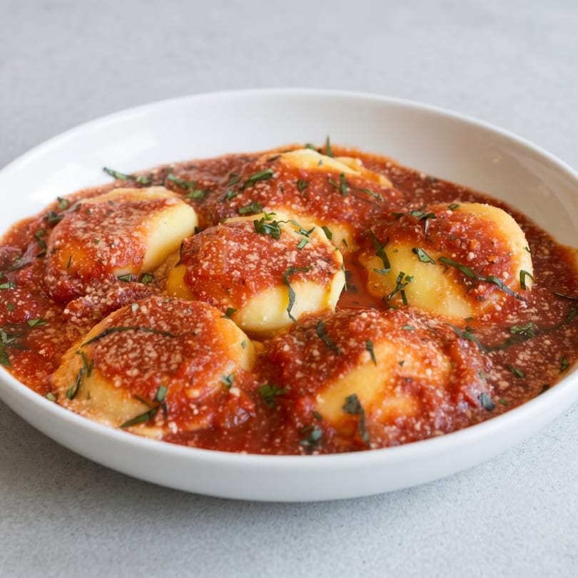 A white bowl filled with ravioli in red marinara sauce, topped with cheese and herbs.